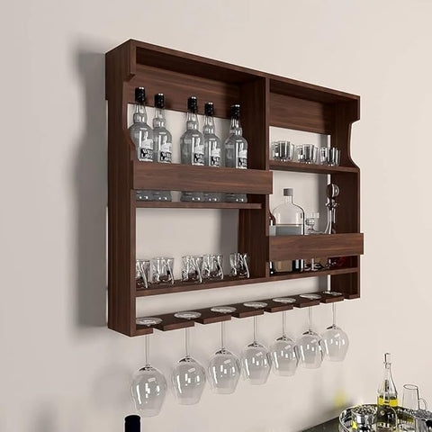 ONIJA Wooden Wall Mounted Wine Rack, Bar Cabinet with Glass Storage, Wall Hanging Mini Bar Reverse Glass Hanging Organizer for Home Wine Rack/Holder Size 30 x 24 Inch (Rose Wood) (Mahogany)