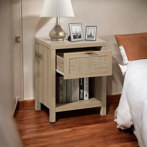 ONIJA Bedside Table with Storage Drawer, Cane Design, 40 x 30 x 40 cm, Natural Wood Finish, Brown