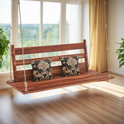 Wooden Hanging Swing with Backrest & Cushions