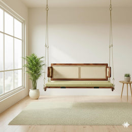 Modern Wooden Hanging Swing with Cane Backrest
