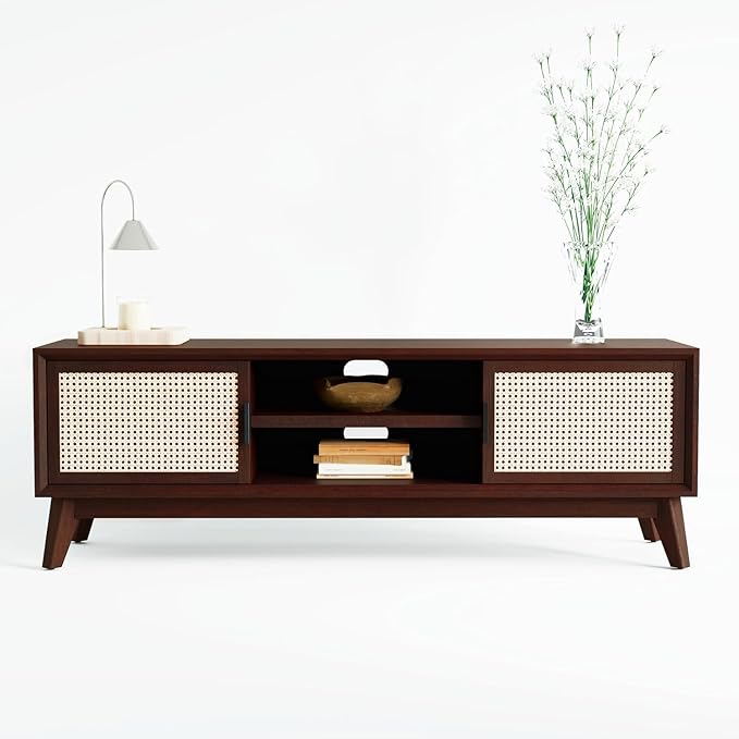 ONIJA  Premium Solid Wood TV Stand,Solid Wood Rattan Cane Tv Cabinet for Living Room & Bed Room Furniture, Wooden TV Entertainment Unit - WALNUT FINISH