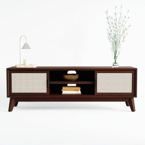 ONIJA  Premium Solid Wood TV Stand,Solid Wood Rattan Cane Tv Cabinet for Living Room & Bed Room Furniture, Wooden TV Entertainment Unit - WALNUT FINISH