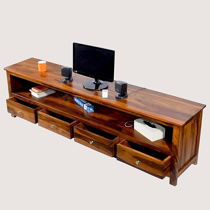 ONIJA Solid Wood SHEESHAM Wood Four Drawer Natural TV Entertainment Unit for Living Room