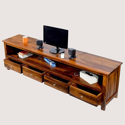ONIJA Solid Wood SHEESHAM Wood Four Drawer Natural TV Entertainment Unit for Living Room