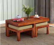 Omvian Sheesham Wood Center Table With Stools (Honey Finish)