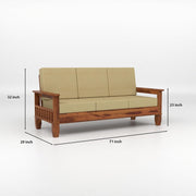 Natural Wood 3 Seater Sofa with Beige Cushions