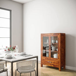 Modern Solid Wood Glass Door Crockery & Display Cabinet with Drawer