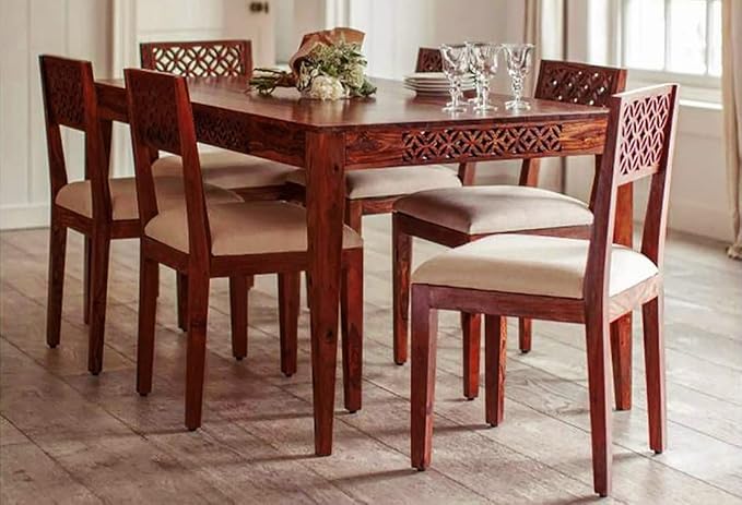 ONIJA Wooden Solid Sheesham Wood Dining Table 6 Seater with Cushion | Dining Table Set with 6 Chairs | Home Dining Room Furniture | Honey Finish