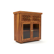 ONIJA Sheesham Wood Display Cabinet with Glass Doors & Storage Drawers