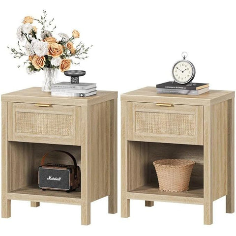 ONIJA Bedside Table with Storage Drawer, Cane Design, 40 x 30 x 40 cm, Natural Wood Finish, Brown
