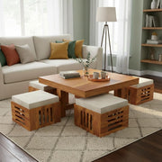 onija Solid Sheesham Wood Coffee Table  with 4 Cushioned Stools