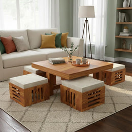 onija Solid Sheesham Wood Coffee Table  with 4 Cushioned Stools