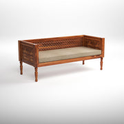 Natural Wood Carved 3 Seater Sofa with Beige Cushion