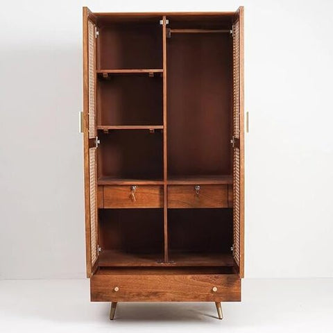 ONIJA Solid Sheesham Wood Rattan Cane Wardrobe | 2-Door Almirah with 3 Drawers, 6 Storage Shelves, 1 Hanging Rod Space | Wooden Cupboard, Bedroom Closet and Dresser | Honey Finish