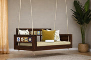 Dark Wooden Hanging Swing Sofa with Cushions