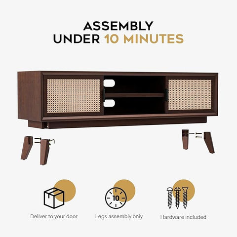 ONIJA  Premium Solid Wood TV Stand,Solid Wood Rattan Cane Tv Cabinet for Living Room & Bed Room Furniture, Wooden TV Entertainment Unit - WALNUT FINISH