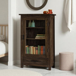 Rustic Solid Wood Glass Door Bookcase Cabinet with Drawer