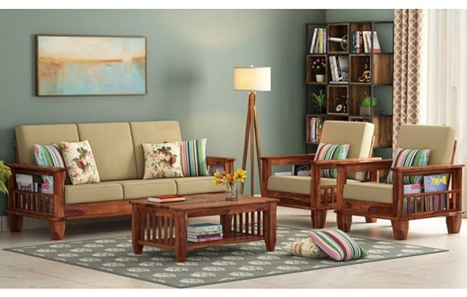 ONIJA Solid Sheesham Wood Five Seater Sofa Set with Cushions (Honey Finish, 5 Seater Sofa | 3+1+1)