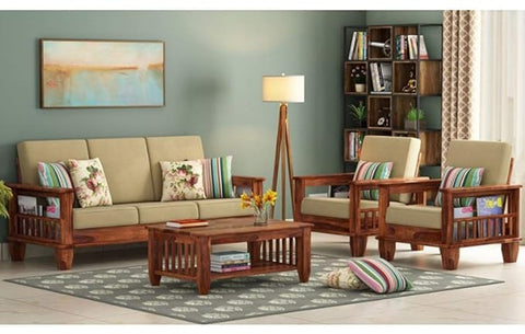 ONIJA Solid Sheesham Wood Five Seater Sofa Set with Cushions (Honey Finish, 5 Seater Sofa | 3+1+1)