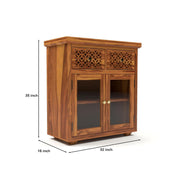 ONIJA Sheesham Wood Display Cabinet with Glass Doors & Storage Drawers