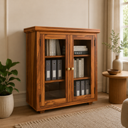 ONIJA Sheesham Wood Bookcase Cabinet with Glass Doors
