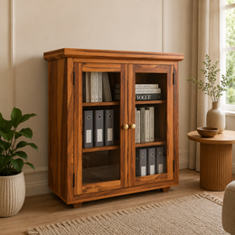 ONIJA Sheesham Wood Bookcase Cabinet with Glass Doors