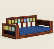 Sheesham Wood 3 Seater Jhula with Blue Cushion & Handcrafted Inlay