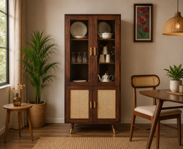 ONIJA  Boston Solid Wood Four Door Crockery Unit Kitchen Cabinet  Walnut Finish