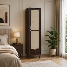 Onija Wooden Single Door Wardrobe with Rattan Panel & Drawer