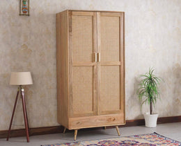 Boston Solid Wood Rattan Cane Wardrobe - Natural Finish