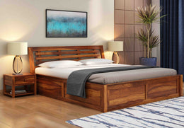 Vraxen Sheesham Wood King Size Bed With Storage (Honey Finish)