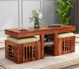 Onija Solid Wood Coffee Table with Nesting Stools & Cushions