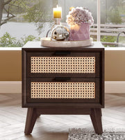 onija Jasper Deluxe Solid Wood Rattan Nightstand Fully Assembled-Mid Century Modern Side Table with 2 Drawers