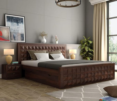 ONIJA Furniture Solid Sheesham Wood King Size Bed with Drawer Storage Wooden Double Bed Palang Bed for Bedroom Living Room Furniture - WALNUT FINISH