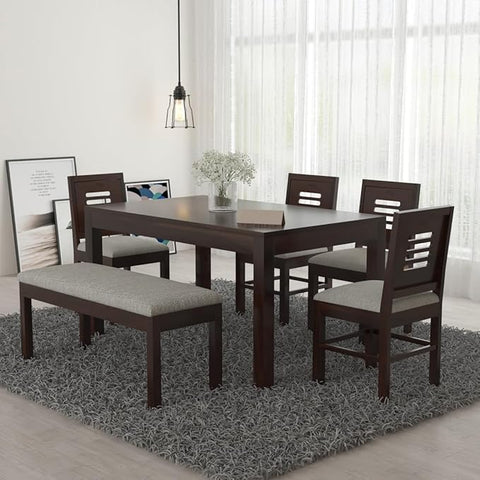 ONIJA Sheesham Wood 4 Chair with 1 Bench Dining Table Set with Cushioned Chairs for Dining Room | Living Room | Home & Office | (6 Seater with Bench, Honey Finish) - WALNUT FINISH
