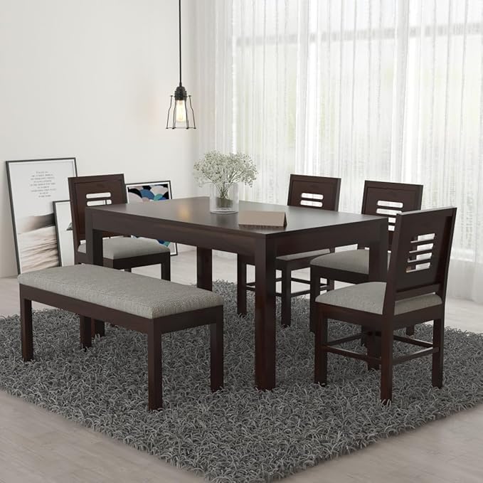 ONIJA Sheesham Wood 4 Chair with 1 Bench Dining Table Set with Cushioned Chairs for Dining Room | Living Room | Home & Office | (6 Seater with Bench, Honey Finish)