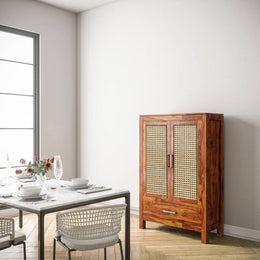 Modern Solid Wood Cane Door Crockery & Storage Cabinet with Drawer