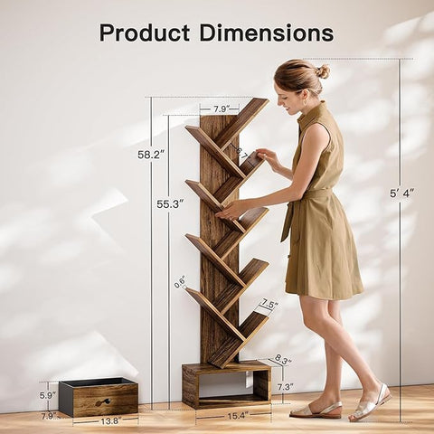 ONIJA Furniture Solid Sheesham Wood Book Shelf | Wooden Tree Shape Bookshelf | Free Standing Bookcase with Open 8 Shelf & One Drawer Storage | Book Shelf Organizer for Living Room