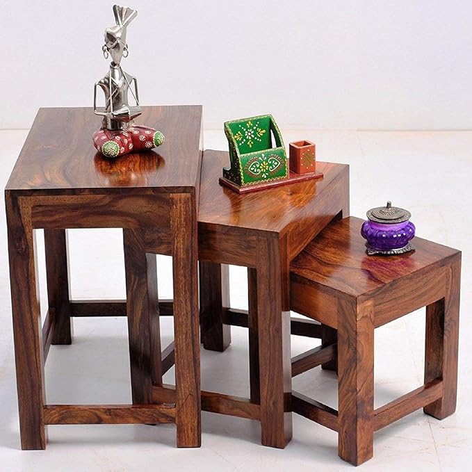 ONIJA  Solid Wood Nesting Table Set of 3 Stools Bedside Table Sofa Side Table Nightstand End Table for Living Room Bedroom Home Office Wooden Furniture - HONEY FINISH