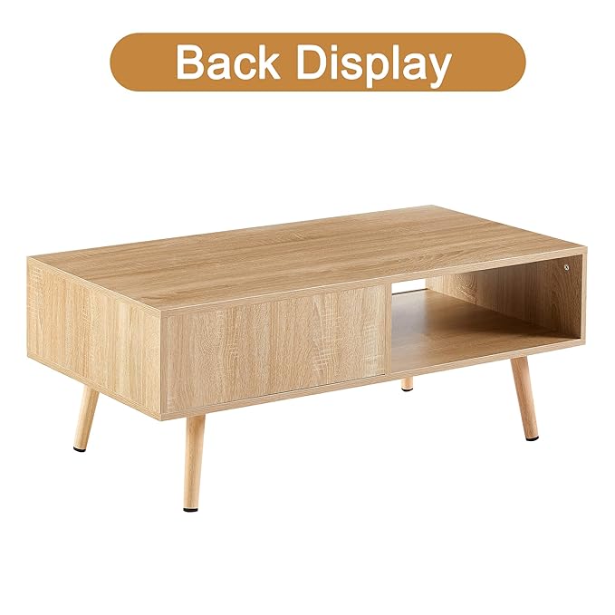ONIJA Coffee Table With Storage, 41.3 Inch Rectangle Wooden Accent Center Sofa Table With Sliding Pe Rattan Woven Door Panel&Solid Wood Legs, Suitable For Living Room, Apartment