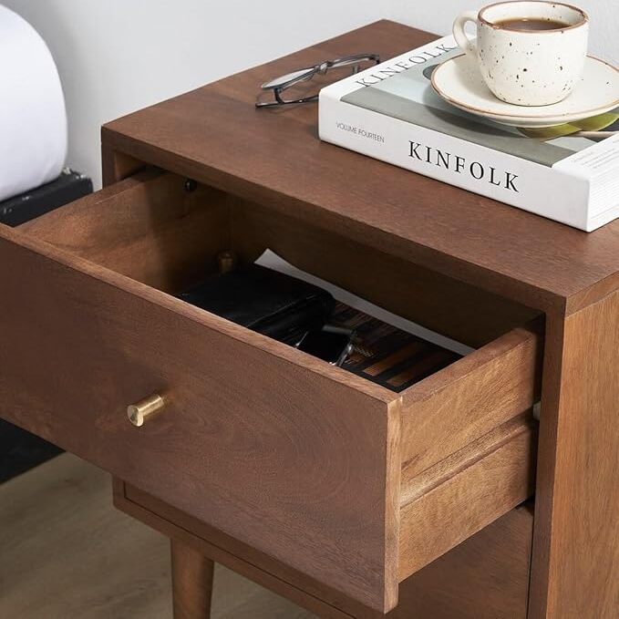 ONIJA  Sheesham Wooden Bedside End Table Decorative Side Tables with 2 Drawer Storage for Bedroom Living Room Hotel