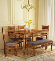 ONIJA Solid Sheesham Wood Traditional Dining Table Set of 6 Seater with Cushioned Chairs & Bench |