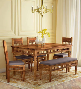 ONIJA Solid Sheesham Wood Traditional Dining Table Set of 6 Seater with Cushioned Chairs & Bench |