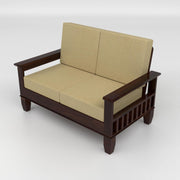 Dark Brown Wooden 2 Seater Sofa with Beige Cushions