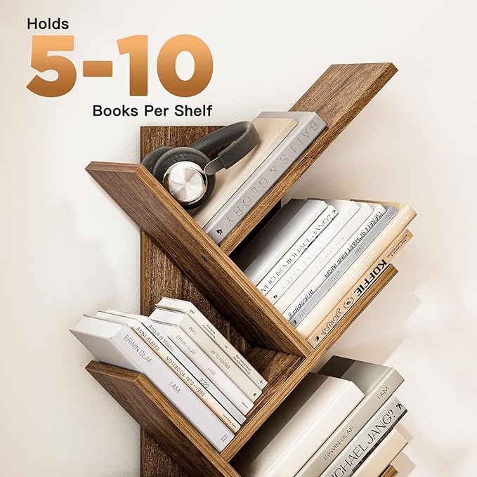 ONIJA Furniture Solid Sheesham Wood Book Shelf | Wooden Tree Shape Bookshelf | Free Standing Bookcase with Open 8 Shelf & One Drawer Storage | Book Shelf Organizer for Living Room