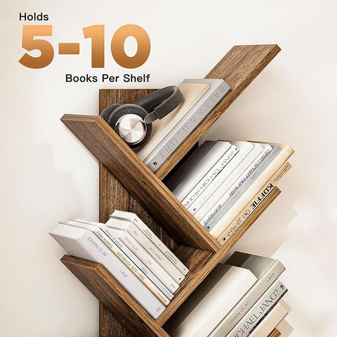ONIJA Furniture Solid Sheesham Wood Book Shelf | Wooden Tree Shape Bookshelf | Free Standing Bookcase with Open 8 Shelf & One Drawer Storage | Book Shelf Organizer for Living Room