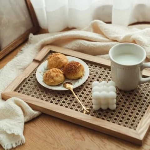 ONIJA  Rectangle Rattan Serving Tray/Vanity Tray,Serving Tray with Handles for Breakfast, Drinks, Snack for Coffee Table (Natural)