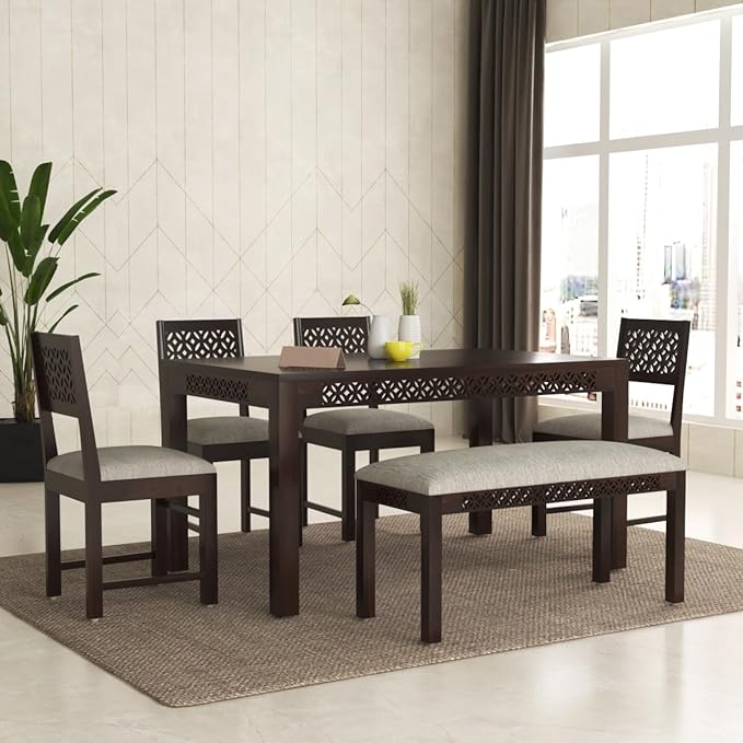 ONIJA Sheesham Wood 4 Chair with 1 Bench Dining Table Set with Cushioned Chairs for Dining Room | Living Room | Home & Office | - WALNUT FINISH