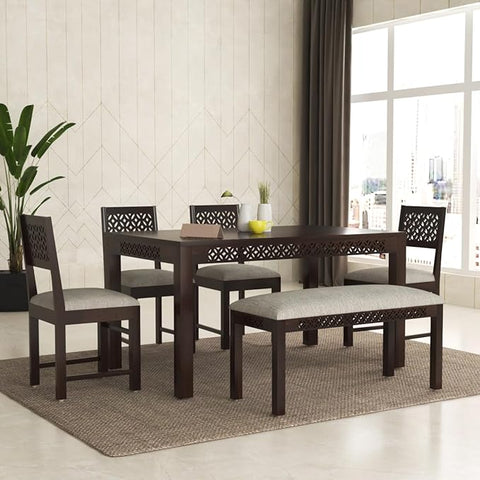 ONIJA Sheesham Wood 4 Chair with 1 Bench Dining Table Set with Cushioned Chairs for Dining Room | Living Room | Home & Office | - WALNUT FINISH