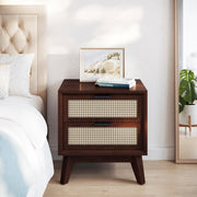 onija Jasper Deluxe Solid Wood Rattan Nightstand Fully Assembled-Mid Century Modern Side Table with 2 Drawers